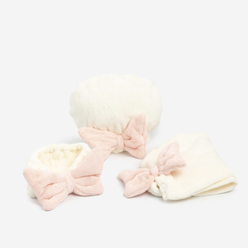 KIT GORRO PARA CABELLO CON VINCHA BLANCA Y ROSA