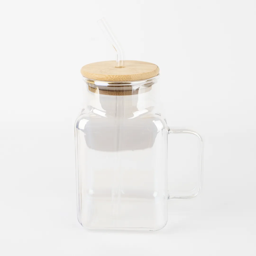 VASO DE VIDRIO CUADRADO CON TAPA Y SORBETE